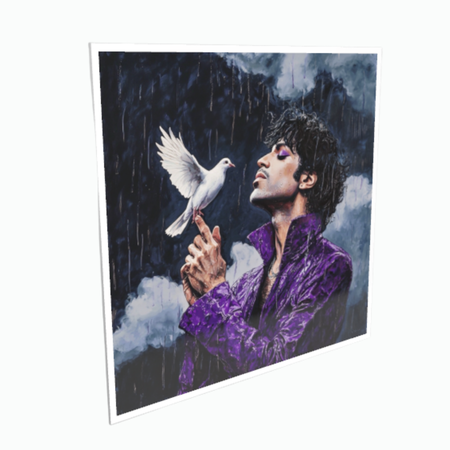 Stilvolles Porträt eines legendären Musikers im violetten Mantel mit einer weißen Taube auf der Hand im Regen vor dunklem Hintergrund, gerahmt in Silber.
