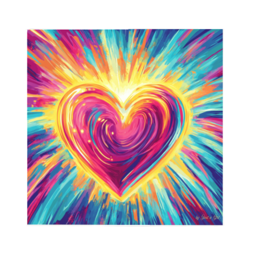 Malerei im Pop-Art-Stil mit einem großen, pulsierenden Herz in der Mitte. Das Herz besteht aus geschwungenen Farblinien in Pink, Gelb und Orange. Um das Herz herum verlaufen dichte, dynamische Farbstrahlen in Türkis, Violett und Blau, die von der Mitte nach außen streben.