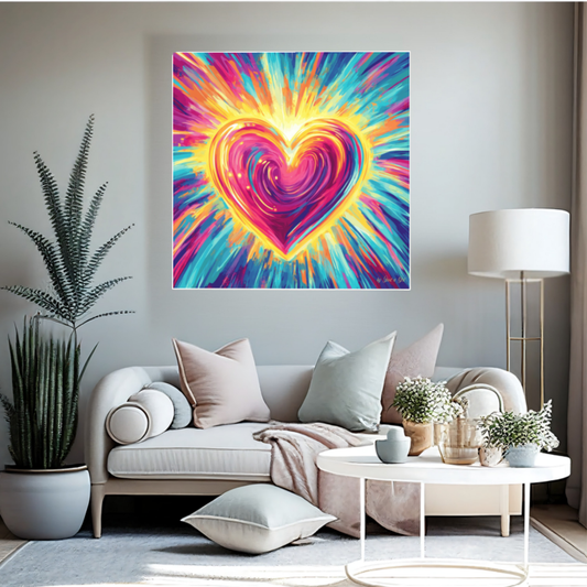 Malerei im Pop-Art-Stil mit einem großen, pulsierenden Herz in der Mitte. Das Herz besteht aus geschwungenen Farblinien in Pink, Gelb und Orange. Um das Herz herum verlaufen dichte, dynamische Farbstrahlen in Türkis, Violett und Blau, die von der Mitte nach außen streben.
