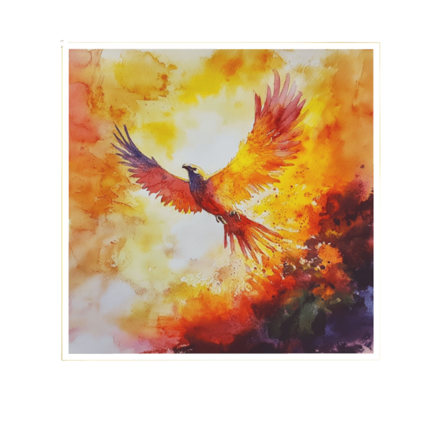 Das Aquarellmotiv „Rebirth through Fire“ zeigt einen majestätischen Phönix mit weit ausgebreiteten Flügeln, der aus feurigen, leuchtend roten, orangen und gelben Farbexplosionen aufsteigt. Hochauflösender Fine Art Pigmentdruck mit mattem Acrylglas im goldenen 2 mm Metallrahmen.