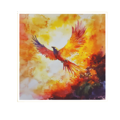 Das Aquarellmotiv „Rebirth through Fire“ zeigt einen majestätischen Phönix mit weit ausgebreiteten Flügeln, der aus feurigen, leuchtend roten, orangen und gelben Farbexplosionen aufsteigt. Hochauflösender Fine Art Pigmentdruck mit mattem Acrylglas im goldenen 2 mm Metallrahmen.