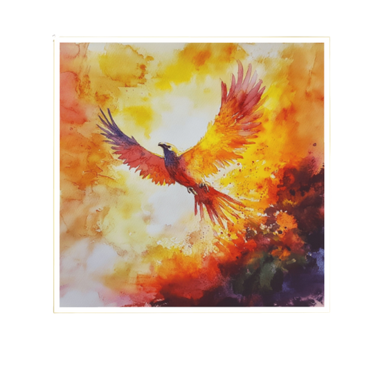 Das Aquarellmotiv „Rebirth through Fire“ zeigt einen majestätischen Phönix mit weit ausgebreiteten Flügeln, der aus feurigen, leuchtend roten, orangen und gelben Farbexplosionen aufsteigt. Hochauflösender Fine Art Pigmentdruck mit mattem Acrylglas im goldenen 2 mm Metallrahmen.