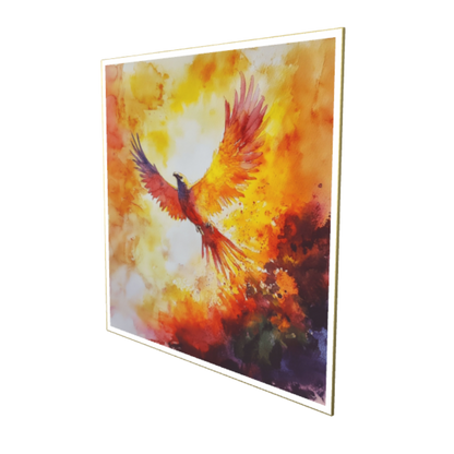 Das Aquarellmotiv „Rebirth through Fire“ zeigt einen majestätischen Phönix mit weit ausgebreiteten Flügeln, der aus feurigen, leuchtend roten, orangen und gelben Farbexplosionen aufsteigt. Hochauflösender Fine Art Pigmentdruck mit mattem Acrylglas im goldenen 2 mm Metallrahmen.