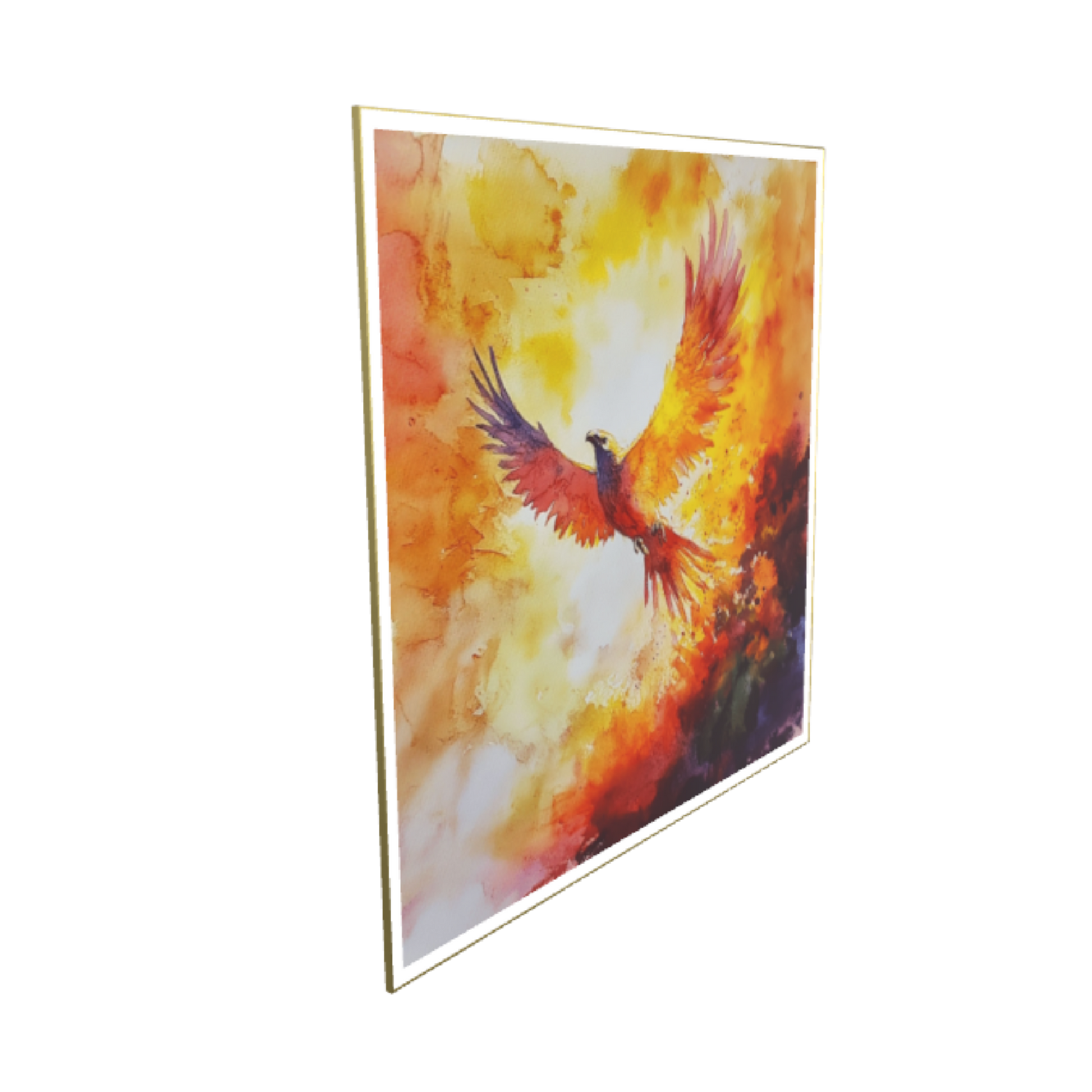 Das Aquarellmotiv „Rebirth through Fire“ zeigt einen majestätischen Phönix mit weit ausgebreiteten Flügeln, der aus feurigen, leuchtend roten, orangen und gelben Farbexplosionen aufsteigt. Hochauflösender Fine Art Pigmentdruck mit mattem Acrylglas im goldenen 2 mm Metallrahmen.