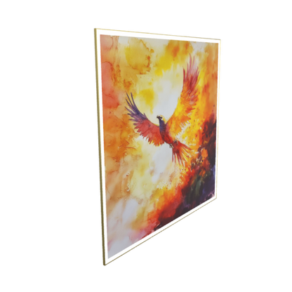 Das Aquarellmotiv „Rebirth through Fire“ zeigt einen majestätischen Phönix mit weit ausgebreiteten Flügeln, der aus feurigen, leuchtend roten, orangen und gelben Farbexplosionen aufsteigt. Hochauflösender Fine Art Pigmentdruck mit mattem Acrylglas im goldenen 2 mm Metallrahmen.