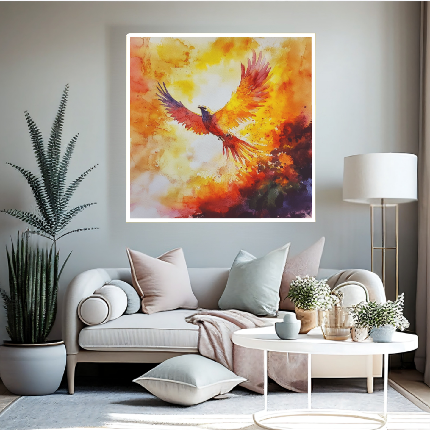 Das Aquarellmotiv „Rebirth through Fire“ zeigt einen majestätischen Phönix mit weit ausgebreiteten Flügeln, der aus feurigen, leuchtend roten, orangen und gelben Farbexplosionen aufsteigt. Hochauflösender Fine Art Pigmentdruck mit mattem Acrylglas im goldenen 2 mm Metallrahmen.