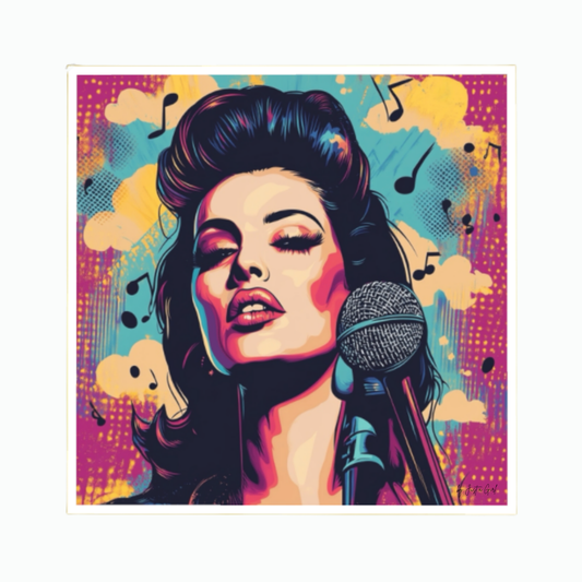 Farbenfrohes Pop-Art-Porträt einer legendären Soul-Sängerin am Mikrofon im ausdrucksstarken Vintage-Styling, umgeben von Musiknoten vor lilafarbenem und gelbem Hintergrund, gerahmt in Schwarz.