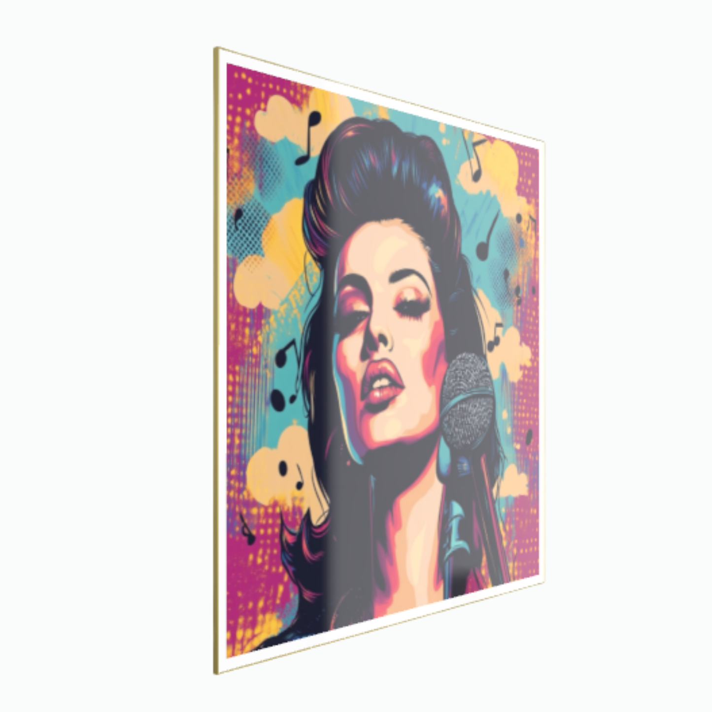 Farbenfrohes Pop-Art-Porträt einer legendären Soul-Sängerin am Mikrofon im ausdrucksstarken Vintage-Styling, umgeben von Musiknoten vor lilafarbenem und gelbem Hintergrund, gerahmt in Schwarz.