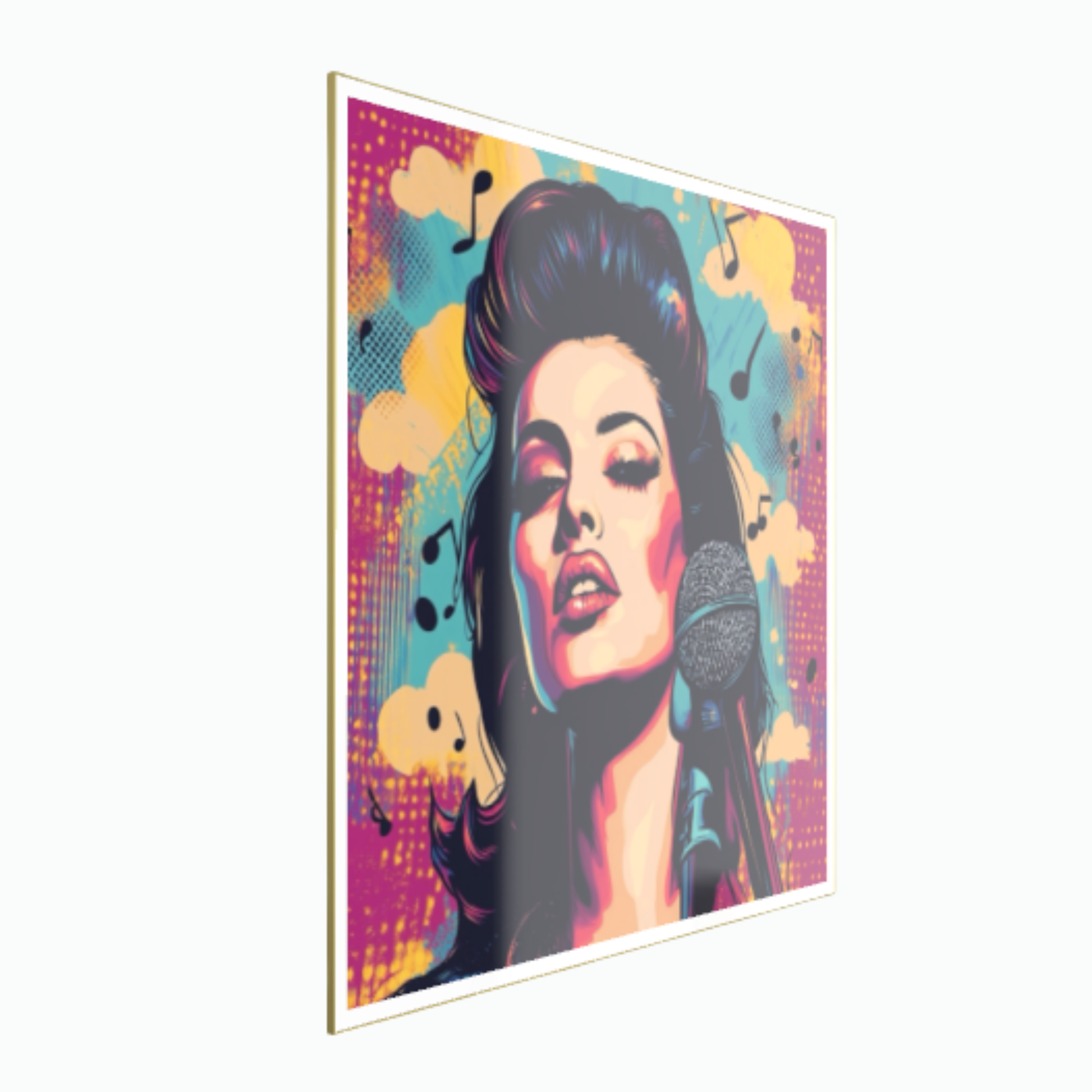 Farbenfrohes Pop-Art-Porträt einer legendären Soul-Sängerin am Mikrofon im ausdrucksstarken Vintage-Styling, umgeben von Musiknoten vor lilafarbenem und gelbem Hintergrund, gerahmt in Schwarz.