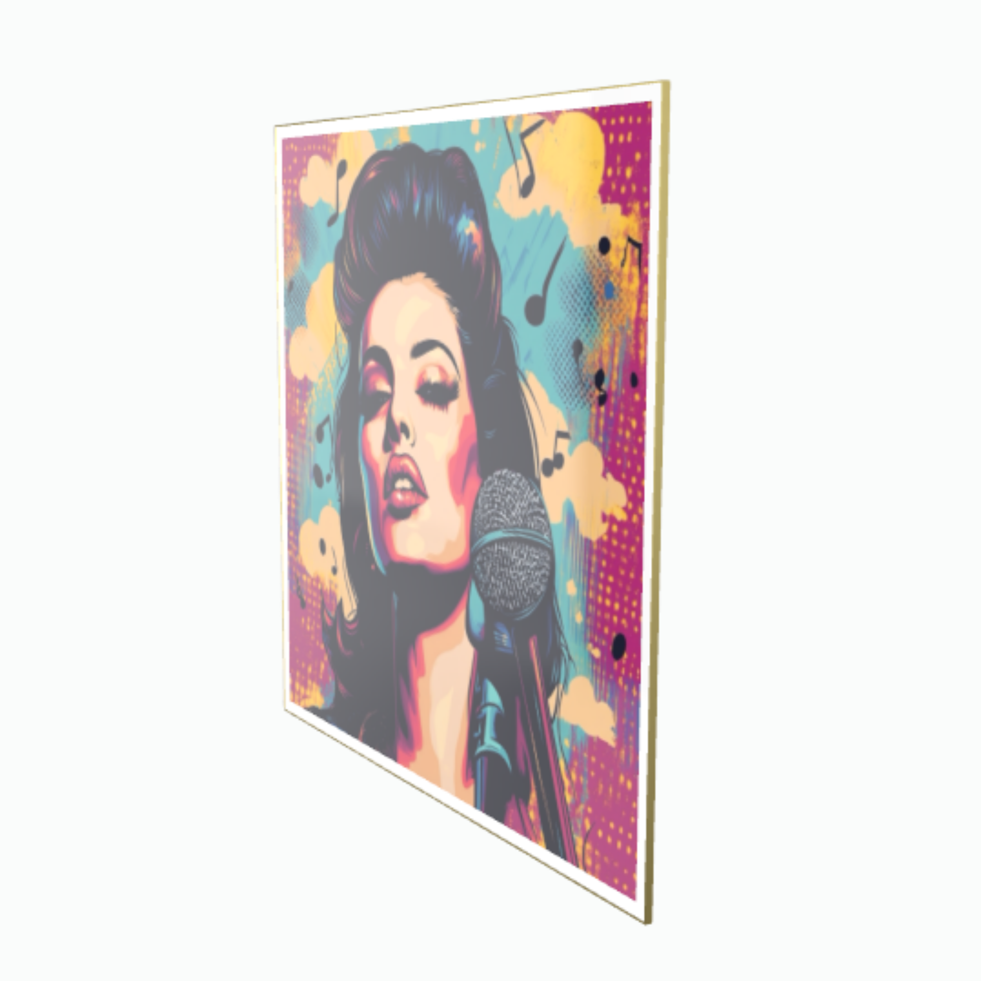 Farbenfrohes Pop-Art-Porträt einer legendären Soul-Sängerin am Mikrofon im ausdrucksstarken Vintage-Styling, umgeben von Musiknoten vor lilafarbenem und gelbem Hintergrund, gerahmt in Schwarz.
