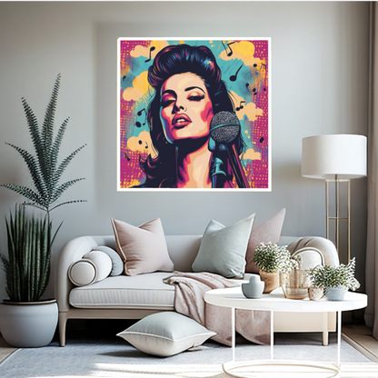 Farbenfrohes Pop-Art-Porträt einer legendären Soul-Sängerin am Mikrofon im ausdrucksstarken Vintage-Styling, umgeben von Musiknoten vor lilafarbenem und gelbem Hintergrund, gerahmt in Schwarz.