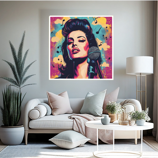 Farbenfrohes Pop-Art-Porträt einer legendären Soul-Sängerin am Mikrofon im ausdrucksstarken Vintage-Styling, umgeben von Musiknoten vor lilafarbenem und gelbem Hintergrund, gerahmt in Schwarz.